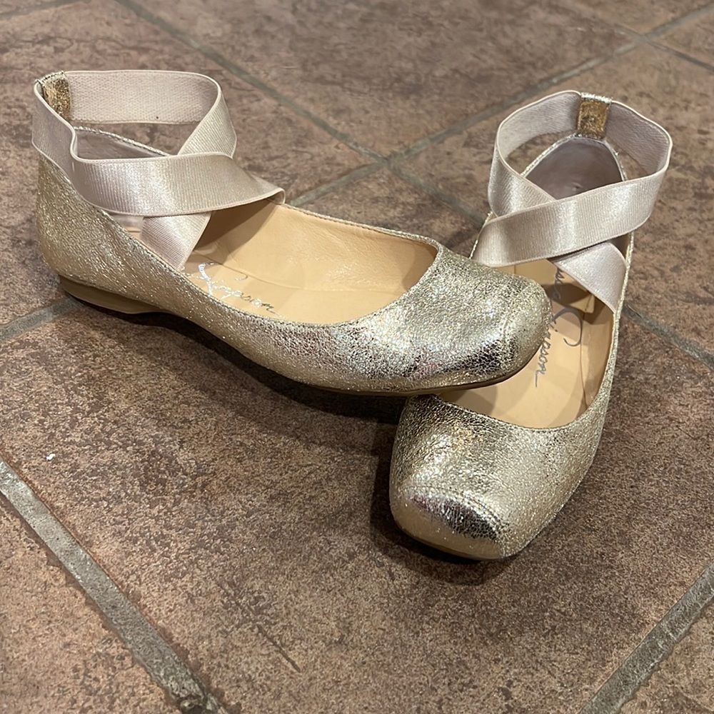 Jessica Simpson Glitter Ballet Flat Gold Champagne 8 EUC Square Toe Ankle Strap